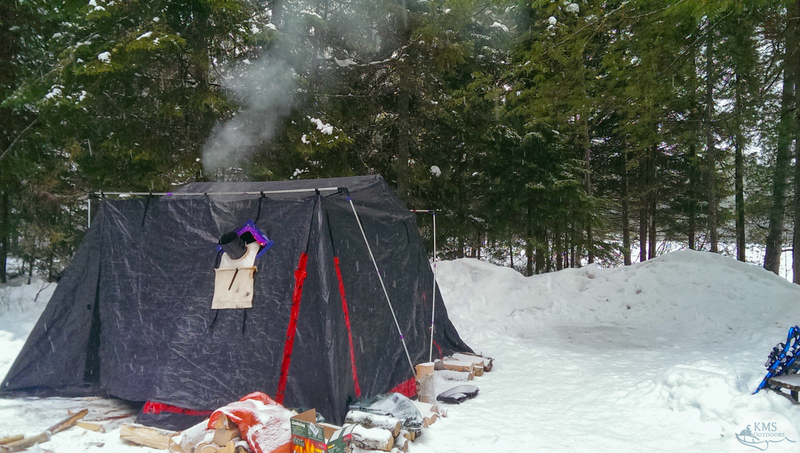 winter hot tent at mew lake campground in algonquin provincial park