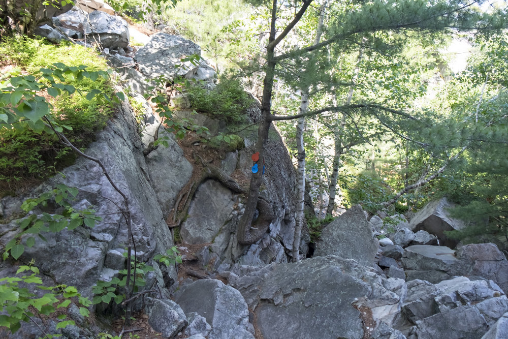 Navigating through large rocks along the Crack Trail